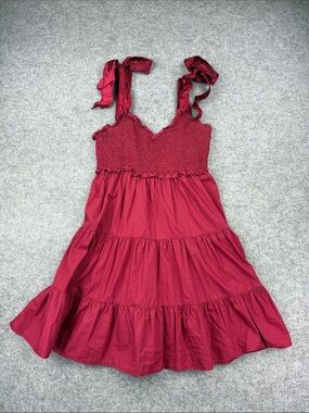Altar'd State Burgundy Smocked Tie-Shoulder Tiered Mini Dress Size M